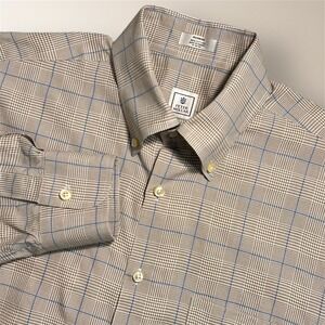 Peter Millar Mens M Brown Blue Plaid Cotton Button Down Shirt Long Sleeve Preppy